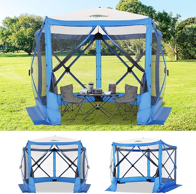 COBIZI 10x10ft Pop up Gazebo Screen House Tent for Camping, Pop-up Camping Canopy with Mesh Windows,Portable Outdoor Quick-Set Hub Tent with Carrying Bag&Ground Stakes,Blue(Upgraded 2.0)