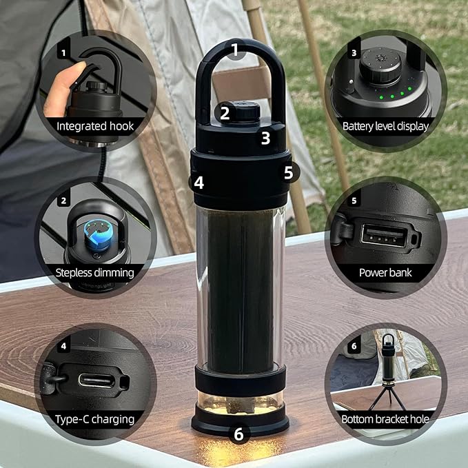Hanging LED Camping Light with Stand, 4 Modes Dimmable Camp Lamp with Type-C Rechargeable, 4500mAh Tent Ambient Lantern for Outdoor Hiking,Glamping,Emergency(Black)