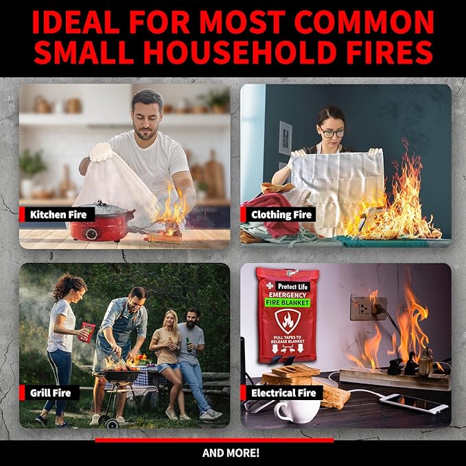 Protect Life Saving Emergency Fire Blankets 2 Pack - 40"x40", Fiberglass Fire Blanket for Home & Kitchen - Fire Suppression or Retardant Tarp - Fire Safety Kit for Car or Camping