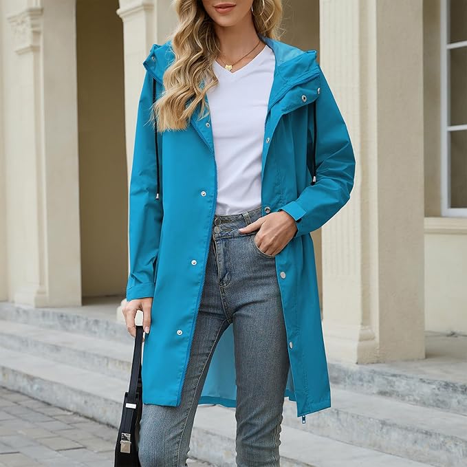 Zando Long Packable Rain Jacket Women Waterproof - Raincoat for Women Rain Coat with Hood Lightweight Outdoor Windbreaker