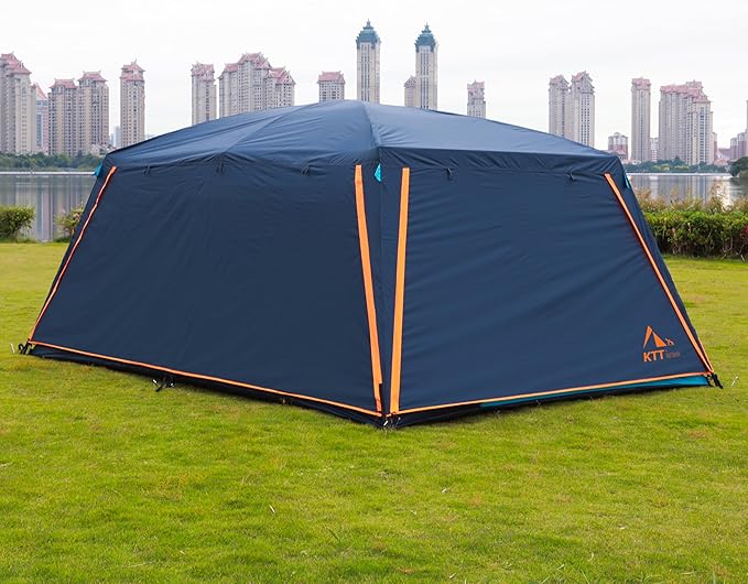 KTT Extra Large Tent 12 Person(A),Awning Family Cabin Tents,2 Rooms,3 Doors and 3 Windows with Mesh,Straight Wall,Waterproof,Double Layer,Big Tent for Outdoor,Picnic,Camping,Family Gathering。