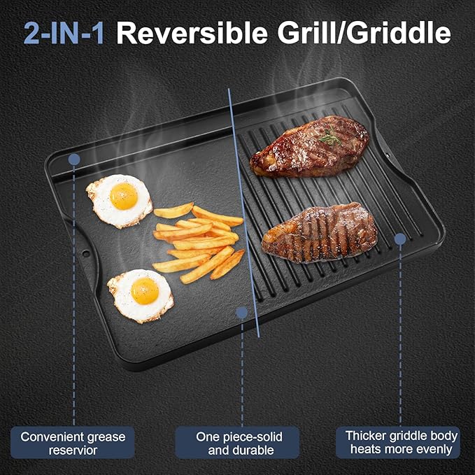 Criditpid Flat Griddle Top Plate Replacement Parts for Gas Stove, Charcoal, Electric, Propane, Gas Grill, 14" x 16" 2-in-1 Reversible Pre-Seasoned Cast Iron Cooking Griddle for Camping Tailgating.
