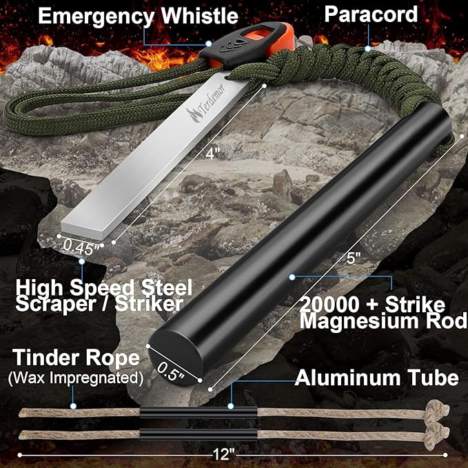 Ferro Rod Fire Starter Kit – 5" Flint and Steel with Two Waxed Tinder Cord & Paracord for Camping, Hiking, Outdoor Survival, Emergency Preparedness