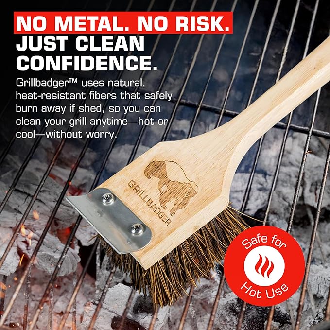 The Original Non Metal Grill Brush for Outdoor Grill – Natural Wooden BBQ Cleaner with Grill Scraper, High-Temp Heat Resistant BBQ Cleaning Brush, Safe for Cast Iron Grates, Outdoor Tools