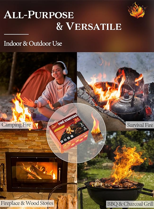 Fire Starter, Easy-Burning Fire Starter Squares for Wood Stoves, Campfires, Grill Pit and Fireplace, Natural & Waterproof BBQ Fire Starters, 64 Mini Square