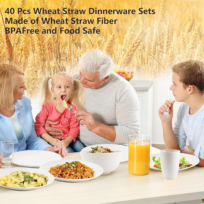 40 Pieces Wheat Straw Dinnerware Sets for 8, Dinner Plates, Cereal Bowls and Drinking Cups, Unbreakable and Reusable Plastic Dinnerware Sets (White)