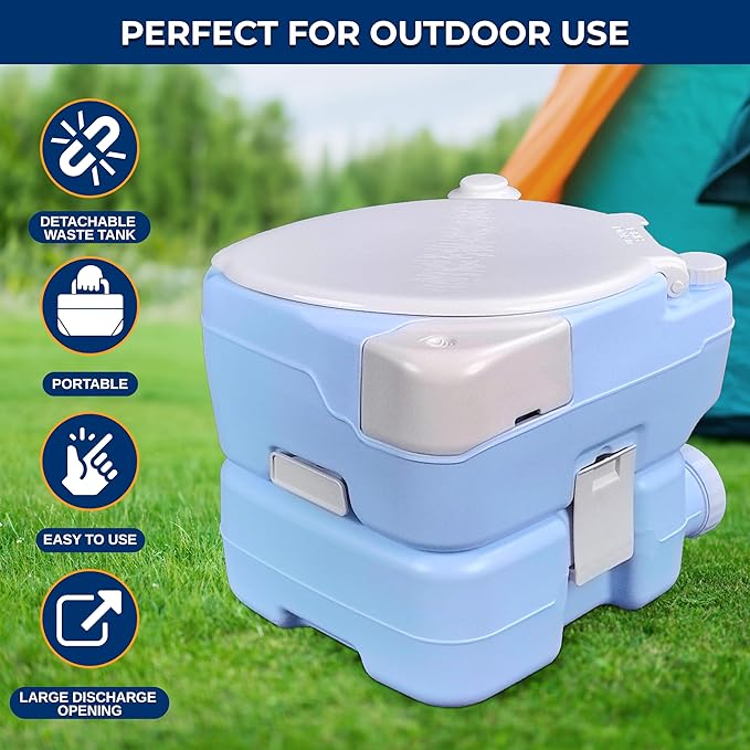 SereneLife 4 Gallon Portable Toilet with Extra Large Seat – Outdoor Camping Toilet with Flush, 3.2 Gallon Fresh Water Tank, Hand Sprayer, Funnel & Phone Holder for RV, Boat, Travel, Indoor/Outdoor Use