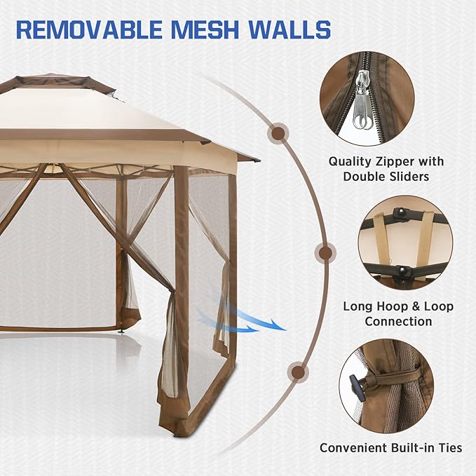 EAGLE PEAK 6-Sided Outdoor Camping Pop Up Gazebo w/Screen Netting, 13x13 Double-Tier Hexagonal Outdoor Canopy Tent for Patio, Garden, Party, Backyard, Beige
