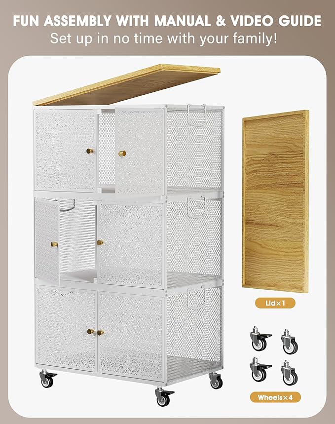 3 Tier Metal Storage Bins and Boxes Organizer, Magnetic Doors & 360°Swivel Lockable Wheels, Easy,labor-Saving, Ocean Life Cutout Pattern, Eco-Aesthetic for Living Room,Bedroom,bathroom,kitchen