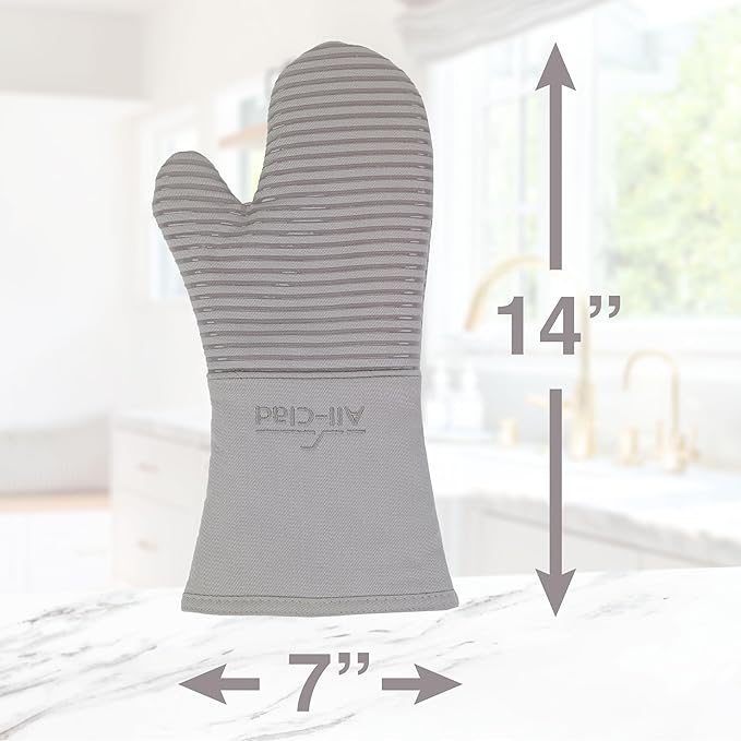 All-Clad Silicone Oven Mitts: Heat Resistant up to 500 Degrees - 100% Cotton & Silicone, 14"x7" Oven Mitt for Kitchen and Barbeque, 2-Pack, Titanium