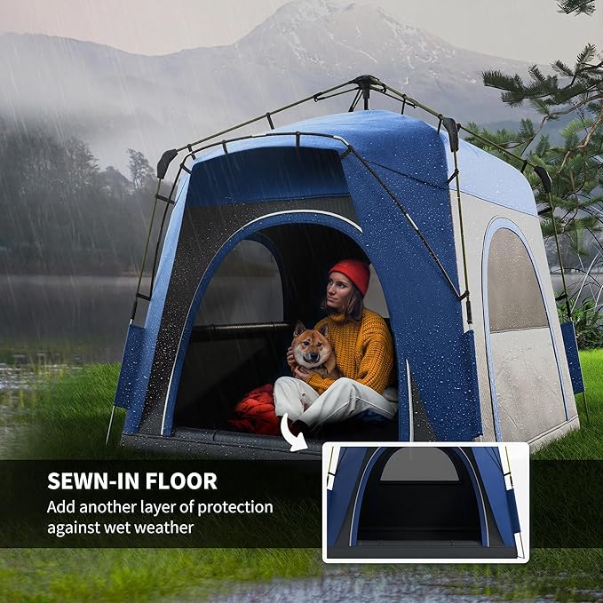 4 Person Pop Up Tent - Instant Setup Automatic Hydraulic Camping Tent for Family, 3-Season Waterproof Shelter with Windows & Carry Bag - Lightweight for Travel, Backpacking (Blue)