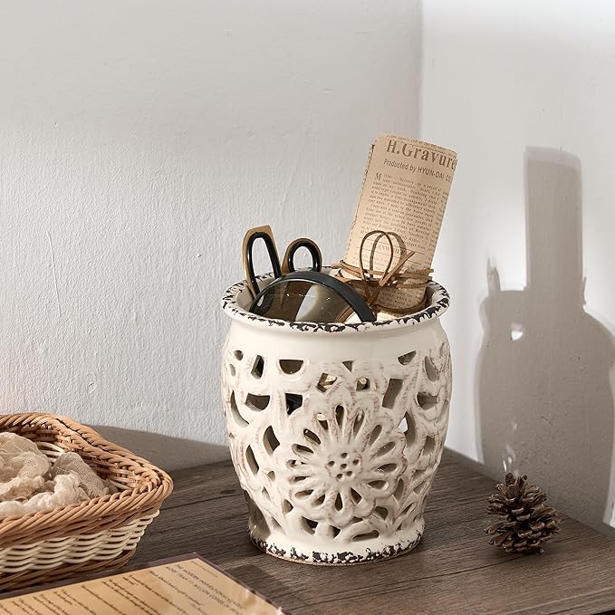Farmhouse Kitchen Utensil Holder for Kitchen Counter, Ceramic Large Cooking Utensil Crock with Cork Mat, Decorative Rustic Utensil Organizer for Countertop, Spatula, Antique Beige