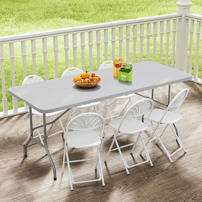 72' Folding Table, Collapsible Camping Table, Rectangular Picnic Table with Steel Frame, Stable Legs Design, Easy Carry and Storage, Plastic Outdoor Folding Tables for Indoor Outdoor, Gray