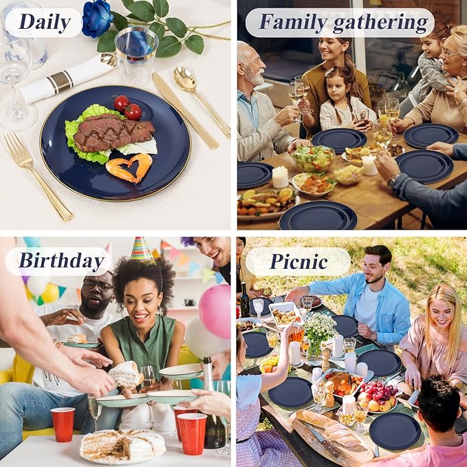 KIRE 350Pcs Blue and Gold Plates -Heavy Duty Navy Blue Dinnerware Set - 100 Plastic Plates 50 Pre Rolled Napkins with Gold Plastic Silverware 50 Cups for Upscale Birthday/Wedding/Parties
