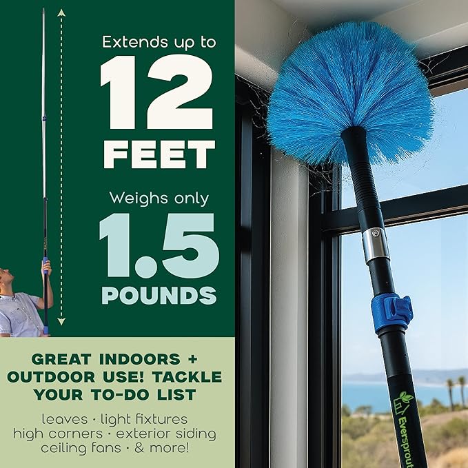 EVERSPROUT 5-to-12 Foot Cobweb Duster and Extension-Pole Combo (20 Foot Reach, Soft Bristles) | Hand Packaged | Lightweight, 3-Stage Aluminum Pole | Indoor & Outdoor Use Brush Attachment