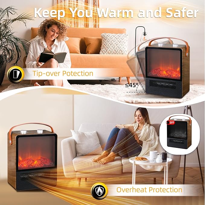RealSmart Small Electric Fireplace 1500W Space Portable Heater for Indoor Use 4 Adjustable Modes Ceramic Mini Fireplace 3D Realistic Flame Overheating Safety Protection