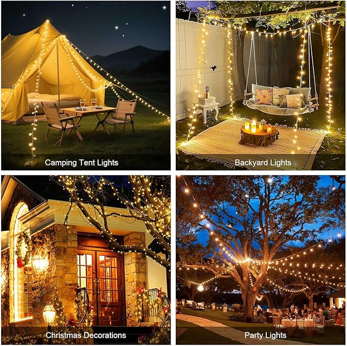 Camping String Lights, 4 in 1 Quick Storage Camping Essentials Gear, 32.8FT Solar Camping String Lights with 8 Lighting Modes & Timer, Hanging Waterproof Portable LED Lamp for Camping Gear