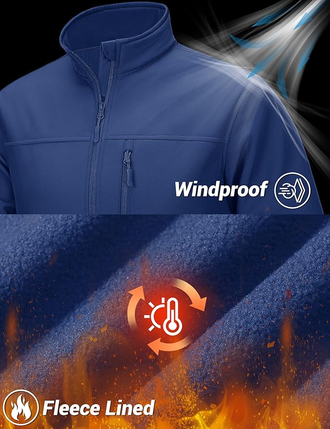 TACVASEN Men's Lightweight Softshell Jacket Fleece Lined Waterproof Tactical Rain Zip Up Winter Coat Windbreaker Casual