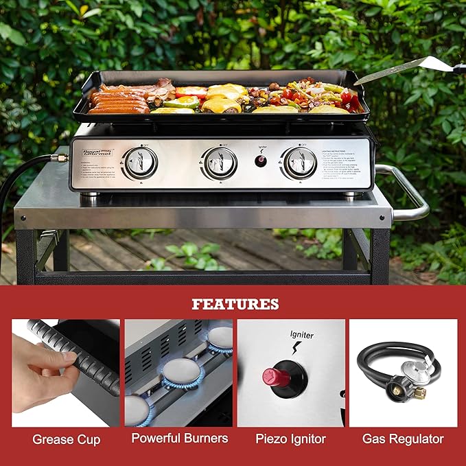 Royal Gourmet PD2301S 3-Burner Tabletop Propane Gas Griddle with Hard Cover, 24 Inch Portable Griddle for Outdoor Cooking While Camping or Tailgating, Silver & Black