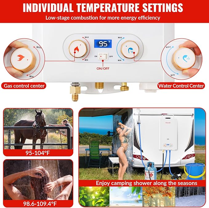 Tankless Water Heater Propane,3.18GPM 12L Outdoor Portable water heater,with 2 GPM Water Pump, with Digital Display Multi-Protection for Camping Trips