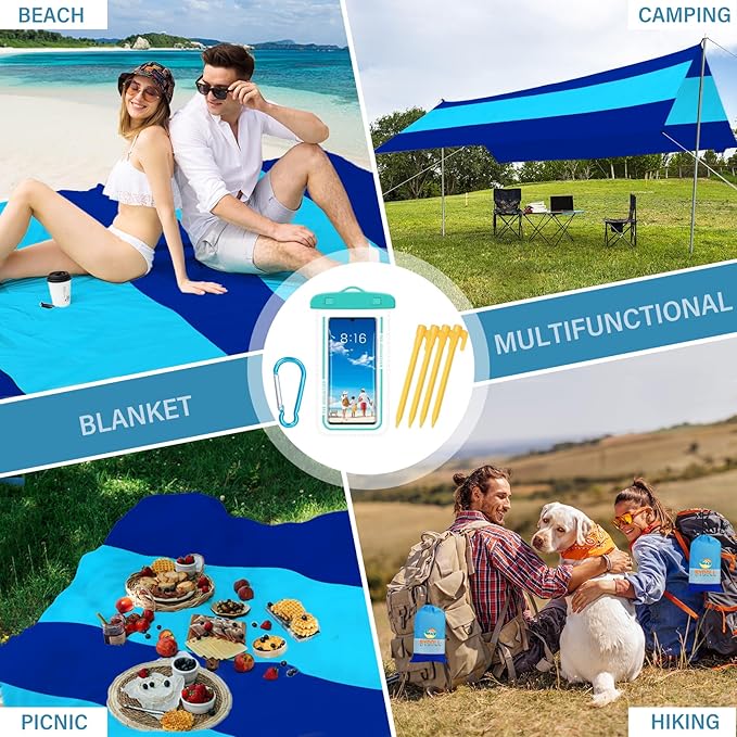 BYDOLL Beach Blanket Waterproof Sandproof 78''ร81'' Suits1-4 Adults Compact Lightweight Oversized Sand-Free Blanket Large Picnic Mat for Beach Travel Camping Hiking