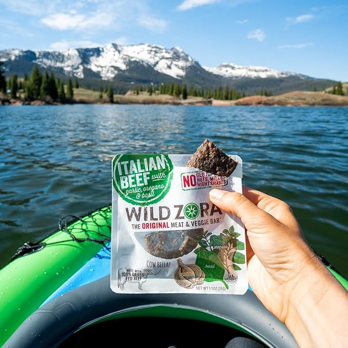 Wild Zora Meat and Veggie Bars, Italian Beef, 10-Pack, 100% Grass Fed Meat, Healthy Paleo Snacks with Veggies, Gluten Free, Soy-Free, High Protein, No Added Sweetener, Garlic, Oregano, Basil