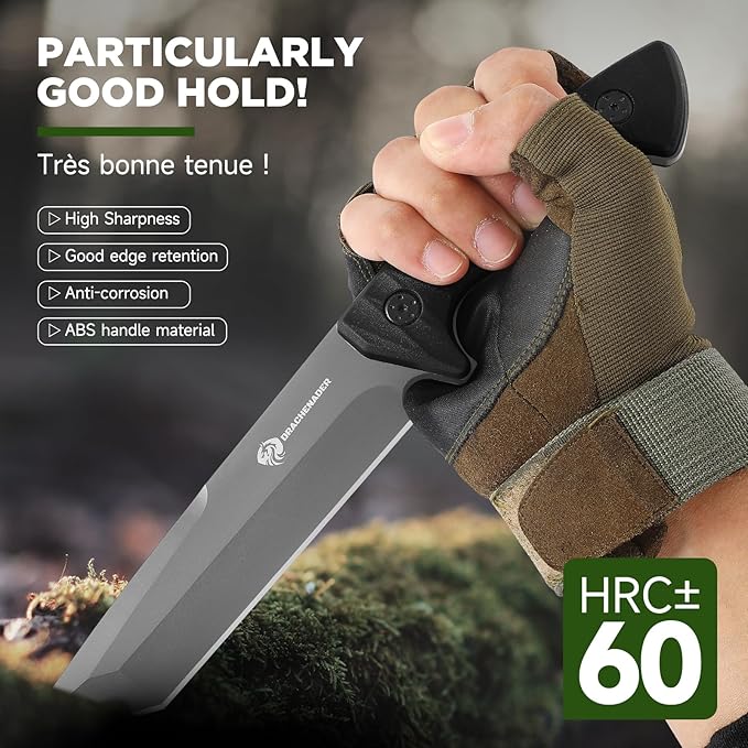 Fixed Blade Knife, Tanto Knife Fixed Blade with Sheath Tactical Sharp Full Tang Outdoor Survival, Versatile for Horizontal, Scout Carry and Vertical Carry