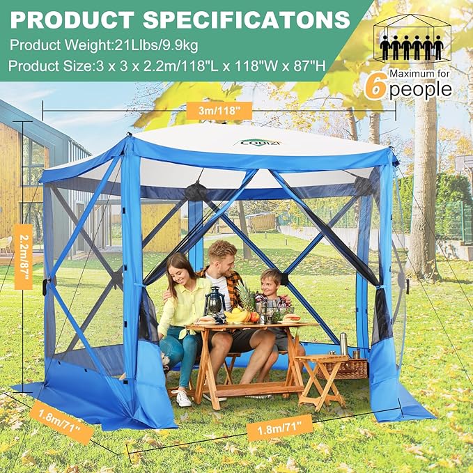 COBIZI 10x10ft Pop up Gazebo Screen House Tent for Camping, Pop-up Camping Canopy with Mesh Windows,Portable Outdoor Quick-Set Hub Tent with Carrying Bag&Ground Stakes,Blue(Upgraded 2.0)