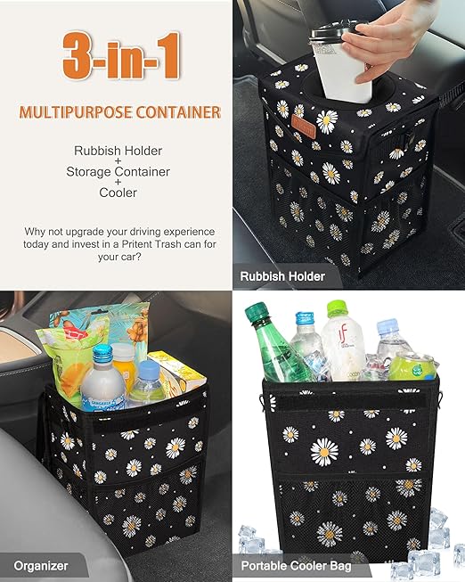 Car Trash Can with Lid, Cute Leakproof Car Trash Garbage Bag Hanging Vehicle Trash Bin Small Portable Automotive Garbage Cans Organizer for Back/Front Seat/Console(Trapezoid,Black Flower)