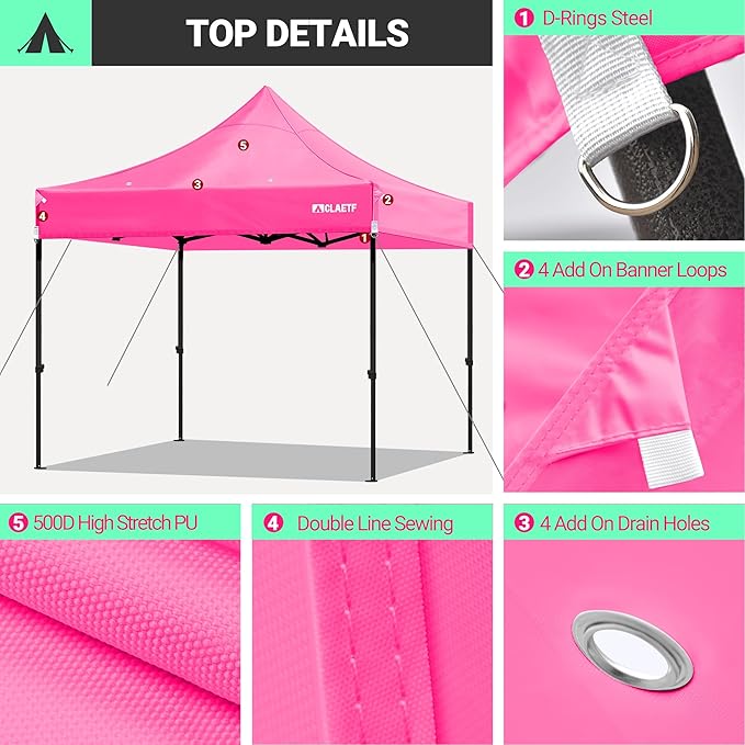 10x10 Canopy Replacement Top for Pop Up Canopy Tent - 4 Drainage Holes,10x10ft Canopy top Suitable for Most of The Standard Canopy(top only) (Pink)