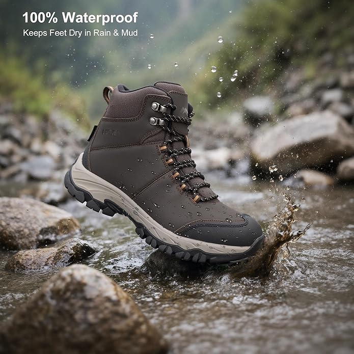 Men's Waterproof Hiking Boots Lightweight Comfortable Leather Mid Ankle Outdoor Trekking Boot