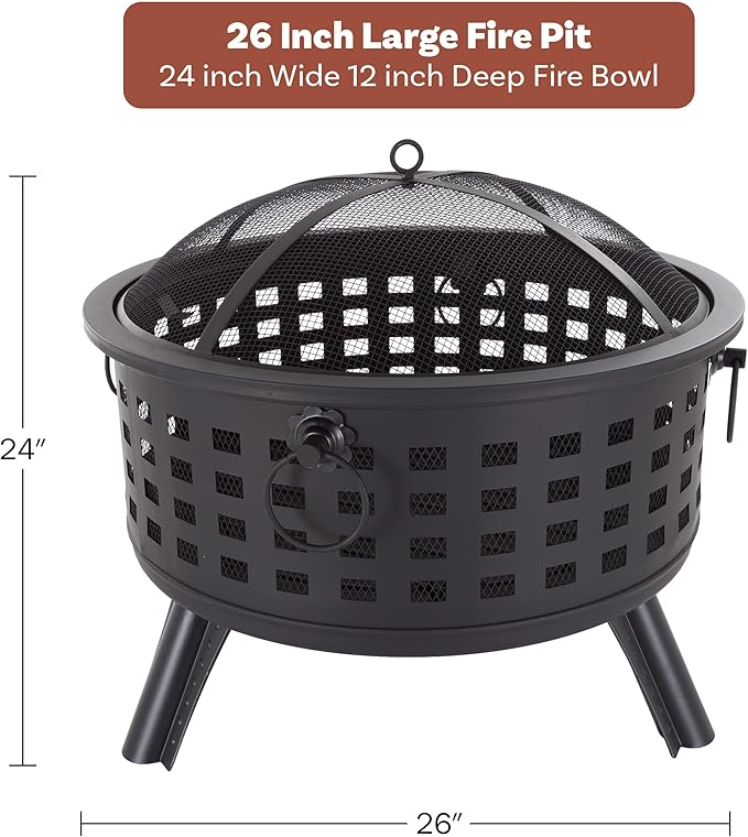 Outdoor Fire Pit - 26-Inch Round Lattice Wood Burning Firepit with Screen, Poker, Grate and Cover - Wood Fire Pits & Outdoor Fireplaces by Pure Garden