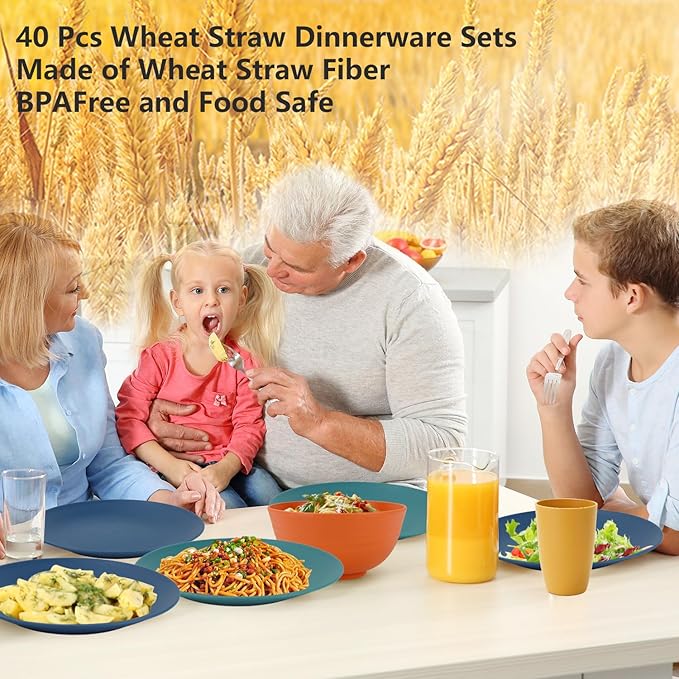 40 Pieces Plates and Bowls Sets, Wheat Straw Dinnerware Sets for 8, Dinner Plates, Cereal Bowls and Drinking Cups, Unbreakable and Reusable Plastic Dinnerware Sets (Multicolor)