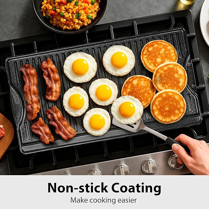 Utheer Nonstick Reversible Cast Iron Griddle 21"x 12", Ceramic Cooking Surface, Flat & Ribbed Sides, with High Sides & Grease Trap, Stovetop Griddle for Gas Grill, Electric, Oven & Outdoor BBQ