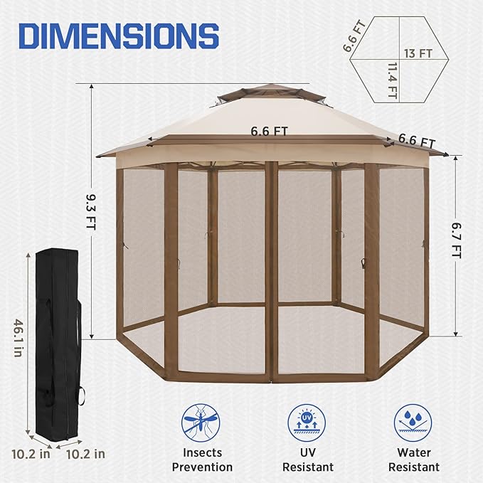 EAGLE PEAK 6-Sided Outdoor Camping Pop Up Gazebo w/Screen Netting, 13x13 Double-Tier Hexagonal Outdoor Canopy Tent for Patio, Garden, Party, Backyard, Beige