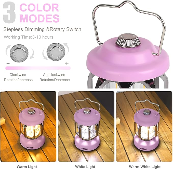 Rechargeable LED Camping Lanterns, 2000mAh Vintage Camping Lights Battery Operated Rechargeable , Hanging Retro Metal Hiking Tent Lamp for Emergency, Hurricane,Decoration,Home,Pink,2 Pack