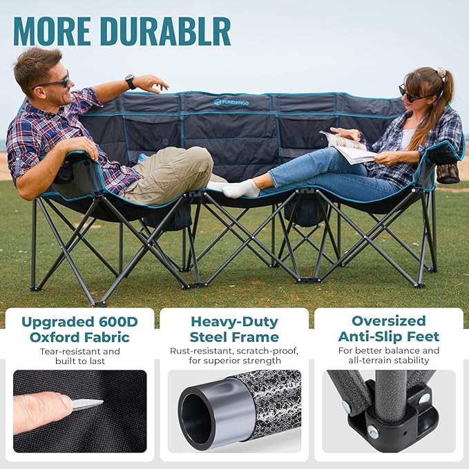 FUNDANGO Double Camping Chair with Cooler, 3 Person Folding Oversized Loveseat Camp Chairs for Adults Fully Padded Couch with Cup Holder for Outdoor Lawn Beach Patio Support 1000 LBS Black/Blue