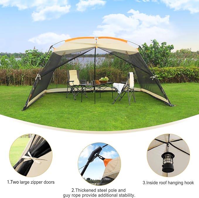 Hyper Venture Screen House 13x9 FT 4 Mesh Walls Canopy Tent Camping Gazebo Shelter for 6-8 People Outdoor Party Activities, Khaki