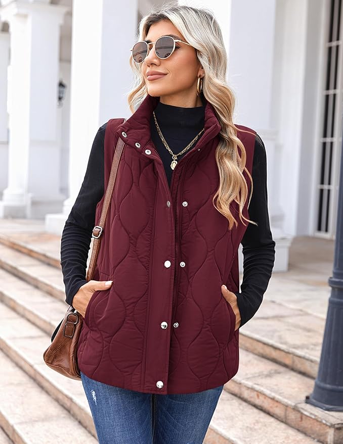 Zeagoo Puffer Vest Women Sleeveless Quilted Jacket Lightweight Snap Zip Up Stand-up Collar Down with Pockets Outerwear
