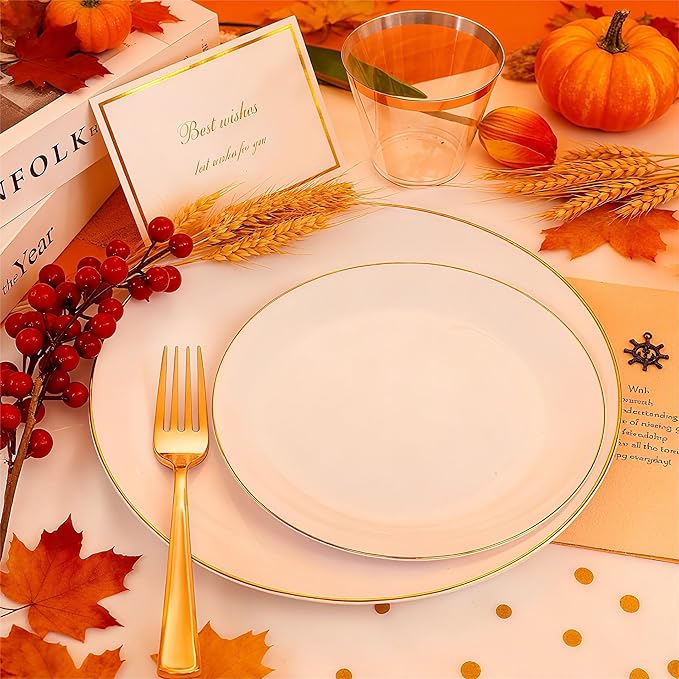Festiva 176Pcs White and Gold Plastic Plates - White with Gold Rim Dinnerware Set - 25Guest include Plates Cups Cutlery Napkins for Fall Party&Wedding& New Year&Thanksgiving
