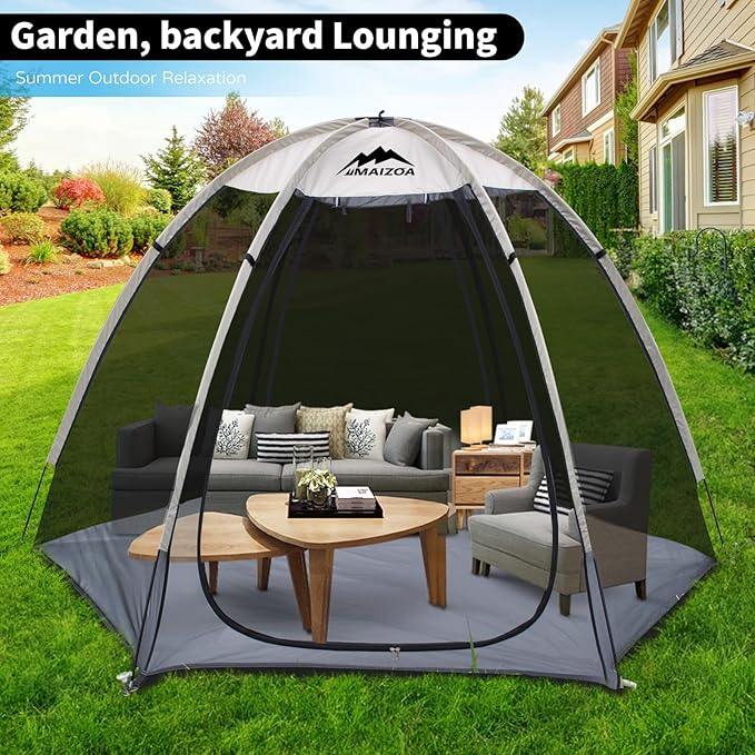 Screen House Tent 8 x 7 Ft Mesh Net, Outdoor Camping Screen Room Sun Shade Gazebo Shelter, Perfect for Family Picnic, Backyards, BBQ and Party (Beige, with Floor mat)