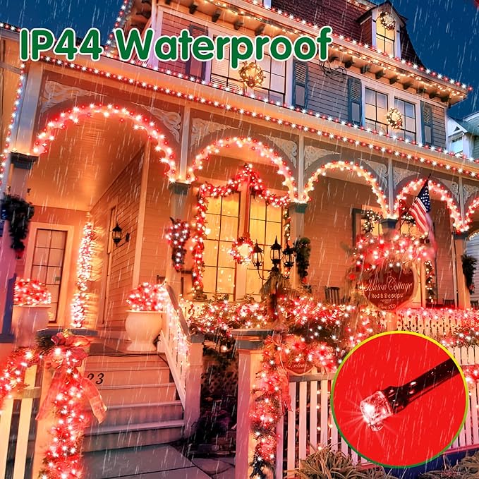 XURISEN Christmas Lights Outdoor 197FT 500 LED Green Wire String Lights 8 Modes with Timer Memory Waterproof Fairy Light Plug in for Xmas Tree Wedding Yard Party Holiday Decorations(Red+White)