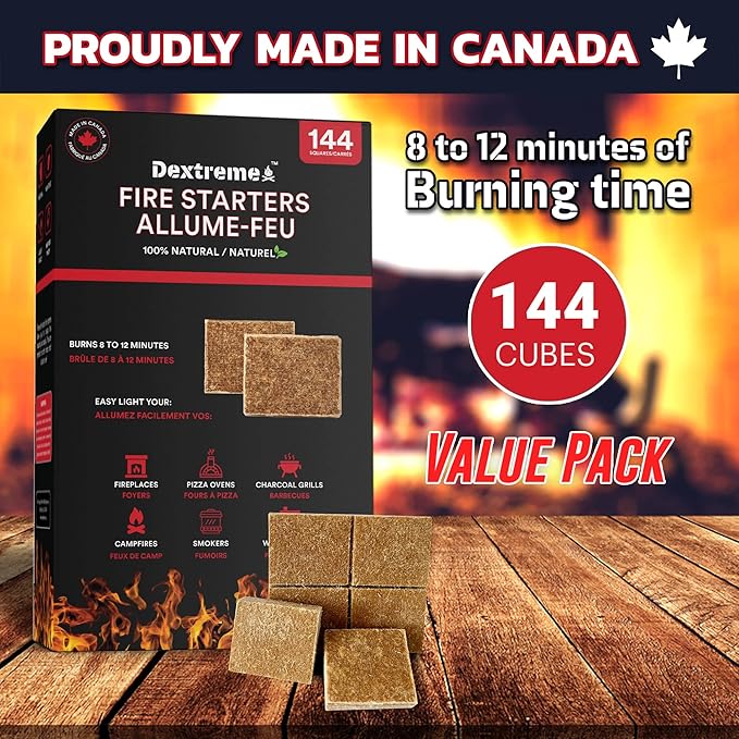 Dextreme Fire Starter Pack of 144/48 Natural Fire Starters Cubes for Campfires, Charcoal, BBQ, Grill Pit, Fireplace, Wood Stoves, Smokers and Camping - Easy to Ignite and Non Toxicโฆ (144 Squares)