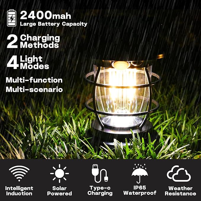 Solar Motion Sensor Lanterns, Outdoor Hanging Lamps, Waterproof, Camping Lights, Rechargeable, Battery Powered, Bright, Decoration for Outside, Porch, Garden, Patio, Yard, Retro Vintage, Gifts