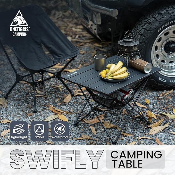 OneTigris Portable Camping Table, Lightweight Beach Table with Storage Net & Carry Bag, Camping Side Table for Outdoor Cooking, Hiking, Fishing, Picnic, Travel