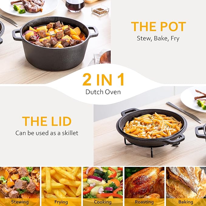 Velaze Cast Iron Dutch Oven Pot with Skillet Lid, 2-in-1 Pre-Seasoned Dual Handle Cast Iron Pan for Bread Baking, Frying, and Camping - Black 5QT