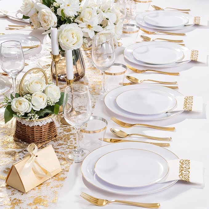 NOCCUR 350PCS Gold Disposable Dinnerware Set for 50 Guests - White and Gold Plastic Plates Include 50 Dinner/Dessert Plates, 150 Silverware and 50 Napkins/Cups Ideal for Fall Party&Thanksgiving
