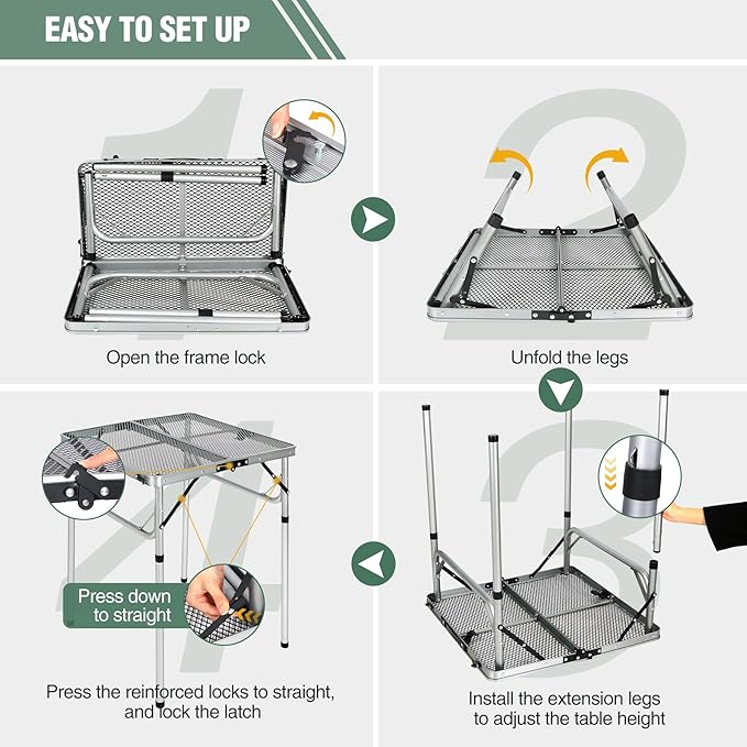 REDCAMP 24" Square Folding Grill Table for Outside, Lightweight Portable Metal Aluminum Outdoor Grill Table with Adjustable Height Legs, Great for Camping Picnic Cooking BBQ, Silver 2ft