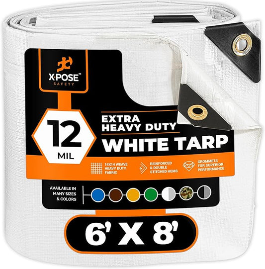 Heavy Duty White Poly Tarp 6' X 8' - Multipurpose Protective Cover - Durable, Waterproof, Weather Proof, Rip and Tear Resistant - Extra Thick 12 Mil Polyethylene - by Xpose Safety