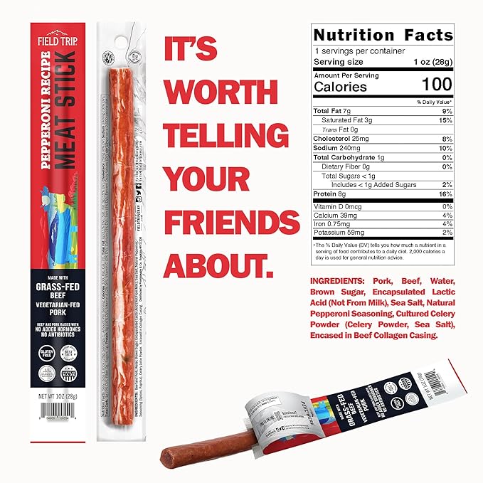 Field Trip Grass Fed Pepperoni Jerky Snack Sticks, Keto, Paleo, Gluten Free, Allergy Friendly Snack, High Protein, 100 Calorie Snack, 1oz, 24 Pack